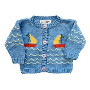 WINNING WOOLIES NEW YORK Blue Sailboard Chunky Knit Cardigan 12 months